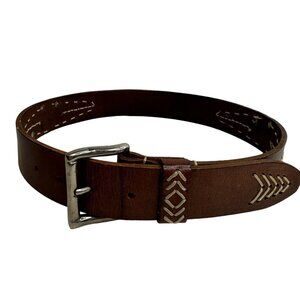 Vintage Brown Leather Belt With Embroidered Arrows & Silver Buckle Size S